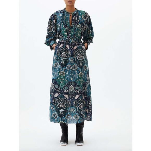 NWT Maria Cher Lugo Franca Maxi Dress Silk Cotton M Printed Pleat Placket Boho - Picture 2 of 9